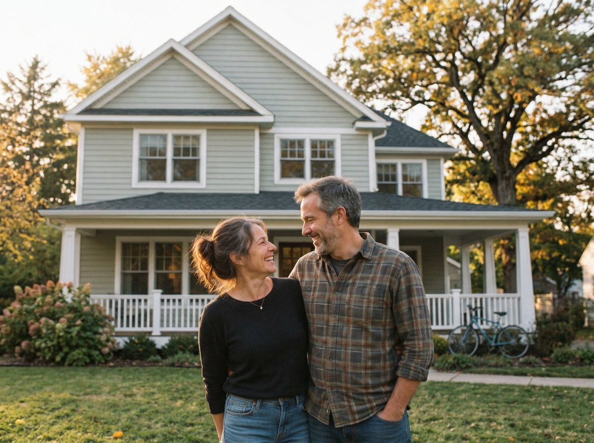 Two homeowners laughing together outside their house